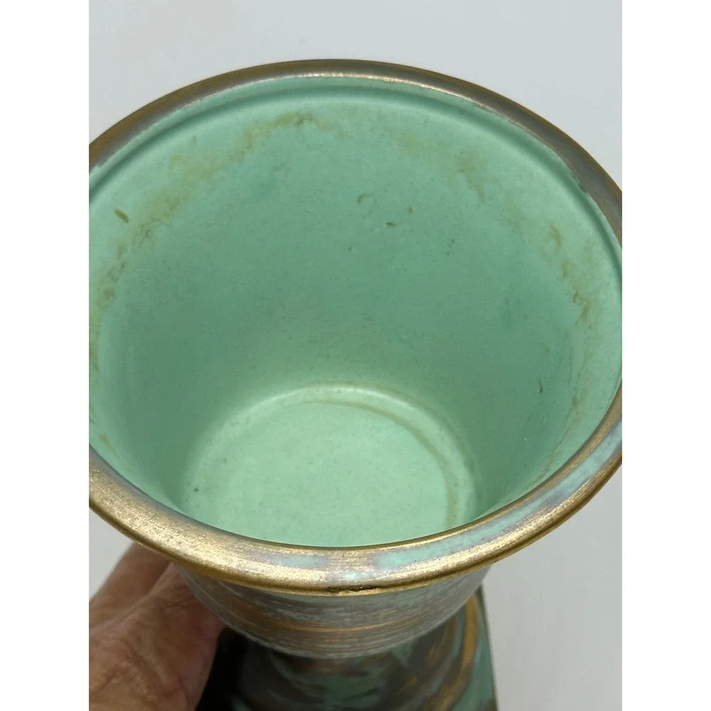 VTG USA Pottery Urn Vase Teal Gold Gilded Pedestal Square Base 309 Art Deco 7